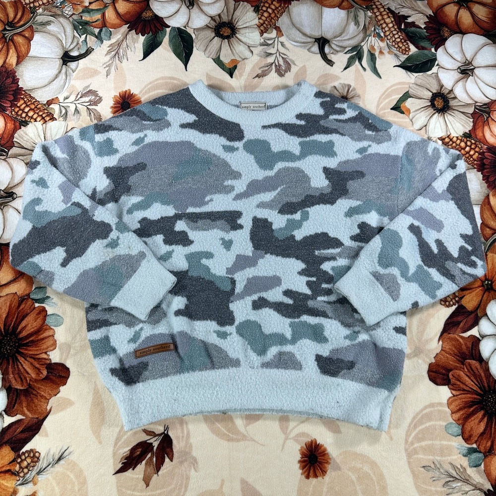 Simply Southern Womens Cozy Camo Print Crewneck Sweater Blue Gray Size Large